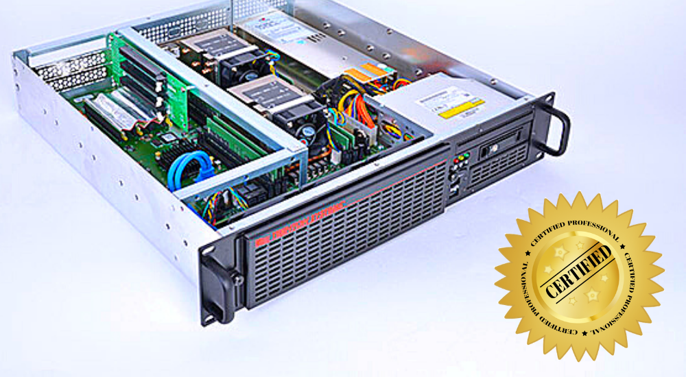 A Trenton Systems server next to a "CERTIFIED" graphic